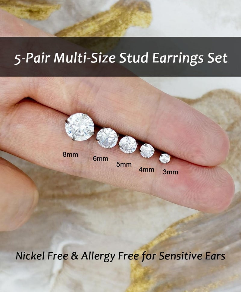 AMASIS Stud Earrings for Women Men, Hypoallergenic Women's 14K Gold Plated 316L Stainless Steel CZ Studs Earrings Simulated Diamond Round Cubic Zirconia Ear Stud Set - Image 4